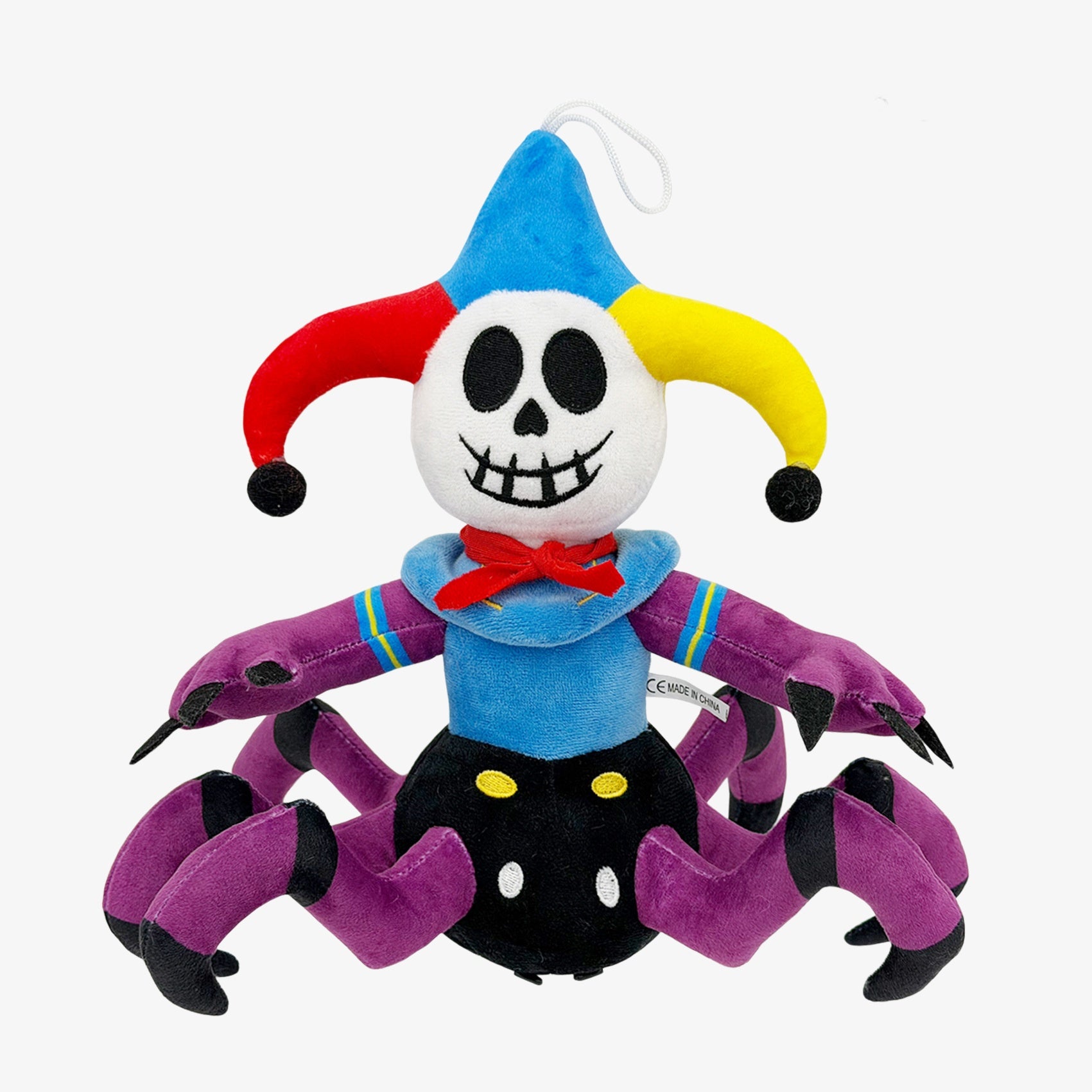 The ZoDoll Poppy Playtime Chapter 5 Wrongside Outimals Plush (27cm) features a jester hat, skull face, blue shirt, and purple spider legs with black claws—a perfect collectible for horror fans.