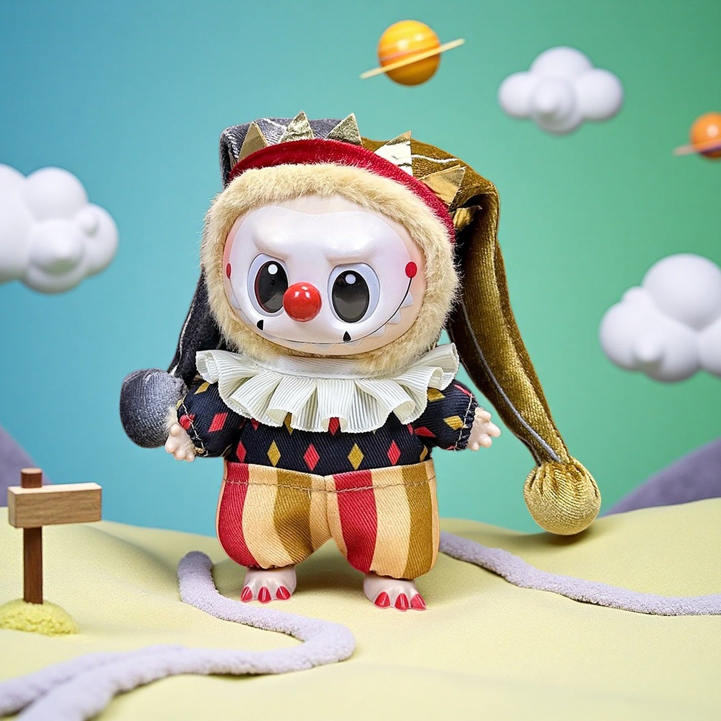 The ZoDoll Labubu Circus Clown Harlequin Doll, dressed in a velvet jester hat and colorful costume, stands on a pastel landscape with clouds, planets, and a signpost in the background.