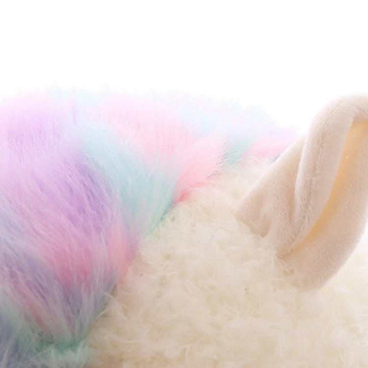 Close-up of the ZoDoll Cute Alpaca Plush Toy – a soft stuffed alpaca plush doll featuring a pastel rainbow mane and cream-colored ear, shown against a white background.