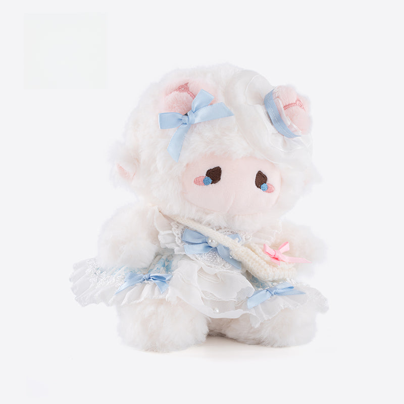 The ZEIO Mini Lamb Plush Toy (18cm) is a kawaii stuffed animal featuring a soft sheep doll in an elegant dress and hat, with cute pink cheeks, blue bows, and teardrop-shaped embroidery under its eyes.