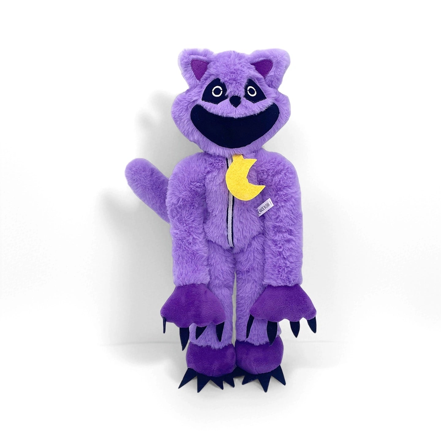 The Poppy Playtime CatNap Plush features a cat-like face, big black smile, pointed ears, long tail, claws, and a yellow crescent moon pendant. Available in 4 styles from the official Poppy Playtime Monster & Nightmare CatNap Plush Toys line.