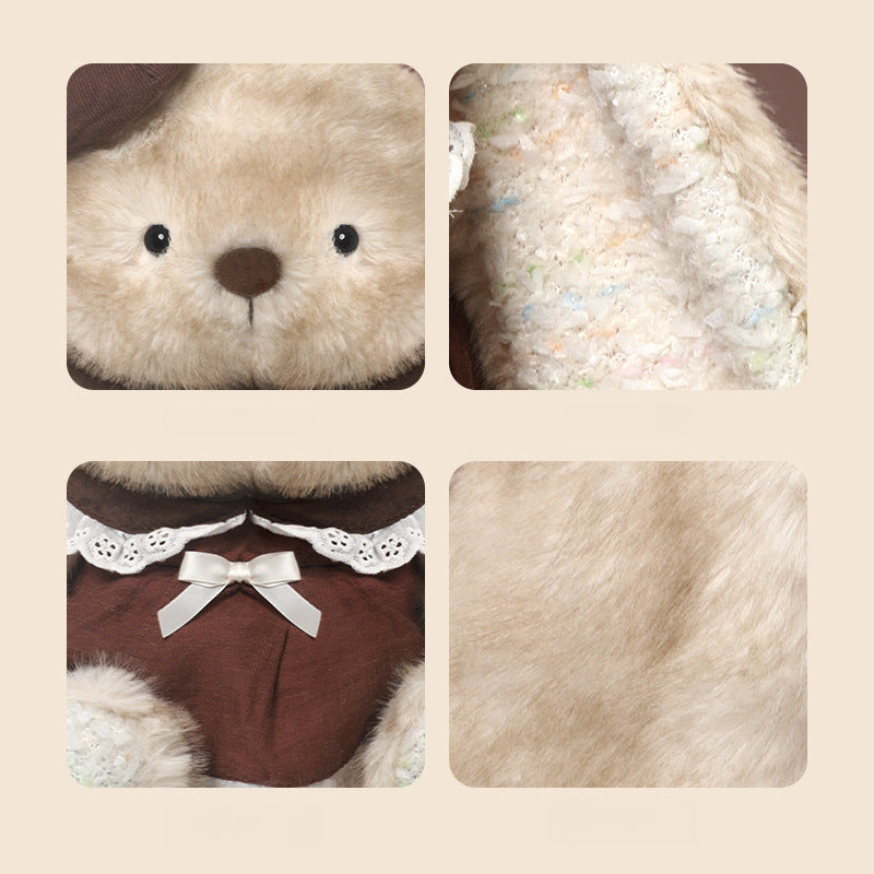 Four close-up images highlight the JOOKI 35cm Cute Bunny Plush Toy in a brown dress and beret, showcasing its detailed face, soft fabric, lace-trimmed outfit with bow, and plush paws—ideal for girls who love cozy stuffed rabbits.