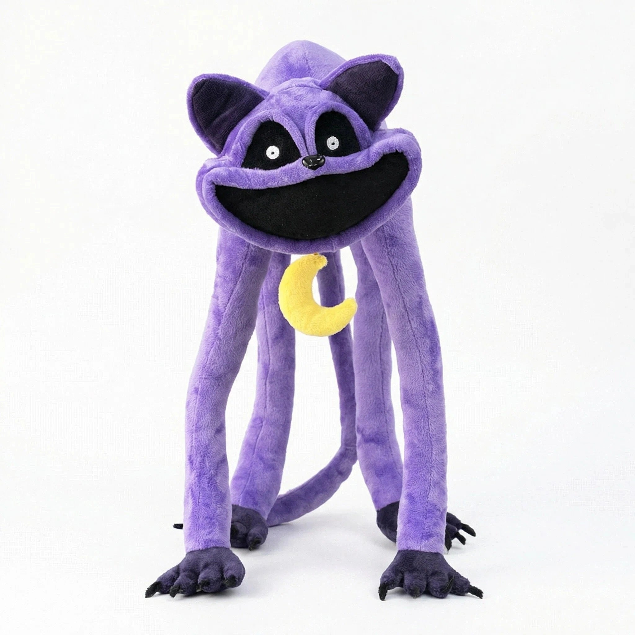 The Poppy Playtime CatNap Plush features a purple cat with long legs, a wide black smile, black claws, and a yellow crescent moon on its neck. Available in 4 styles from the Poppy Playtime Monster & Nightmare CatNap Plush Toys collection.