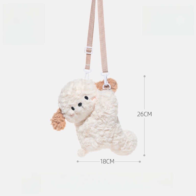 The JOOKI Plush Puppy Crossbody Bag is a cute, fluffy dog purse with brown ears, an adjustable strap, and measures 18×26cm—perfect for carrying essentials.