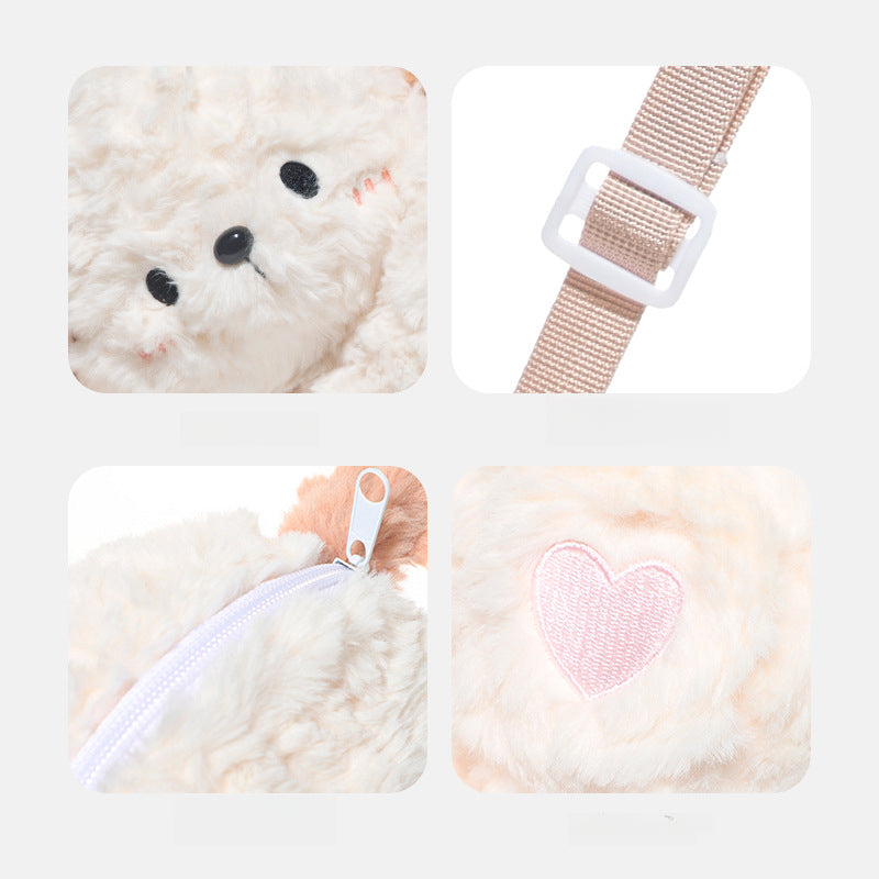 Four close-up images show the JOOKI Plush Puppy Crossbody Bag—an 18×26cm fluffy dog purse featuring a plush puppy face, beige adjustable strap, white zipper, and pink heart patch on soft cream fabric.