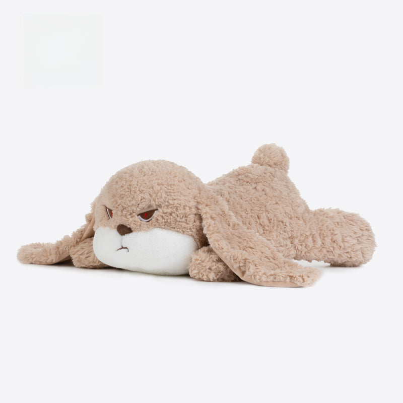 The ZEIO Lying Bunny Plush Toy 50cm is a soft, flat rabbit stuffed animal with a brown, long-eared design and unhappy expression, lying on its stomach against a white background.