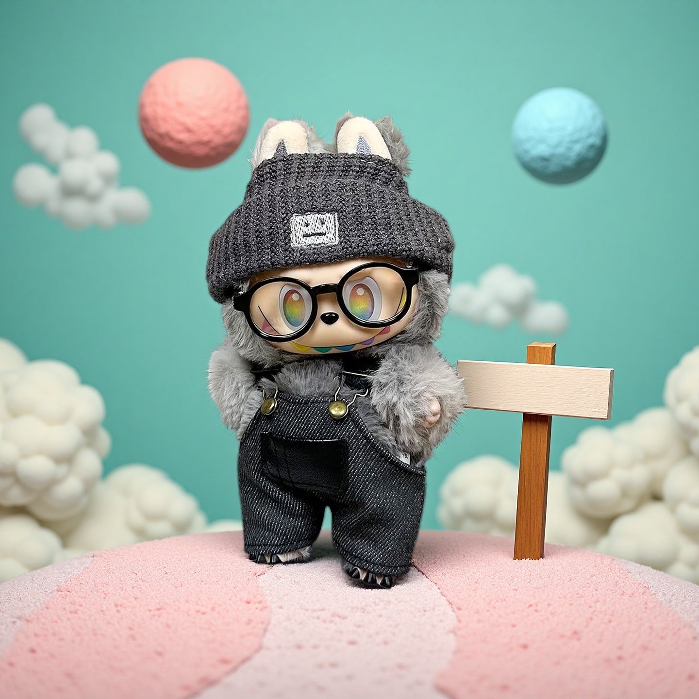 A ZoDoll Labubu Doll dressed in a gray fuzzy coat, dark denim overalls, and a knit beanie stands on a pastel surface with a wooden sign, clouds, and colorful spheres in the background.