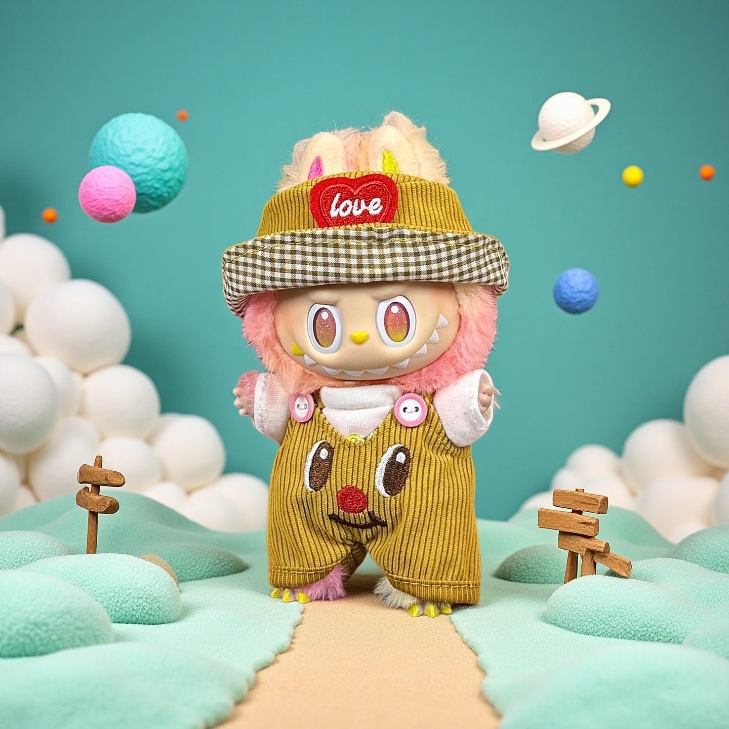 The ZoDoll Labubu Olive Corduroy Overalls and Gingham Bucket Hat Doll Outfit Set features a plush doll with animal traits, dressed in cute overalls and a gingham bucket hat, posing on a pastel path with whimsical planet-themed decorations.