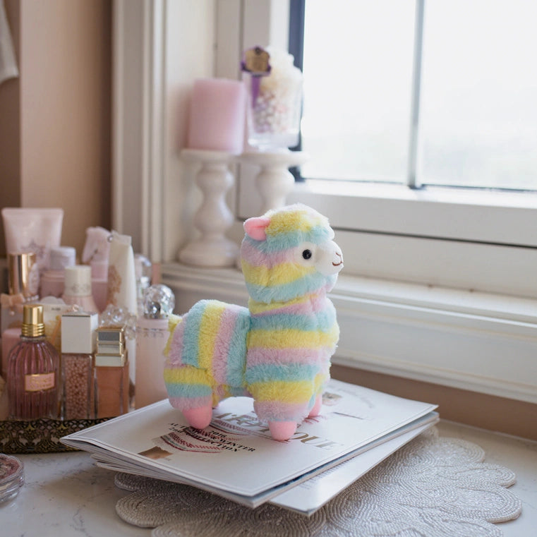 A ZoDoll Rainbow Alpaca Plush Toy, a cute stuffed alpaca plush doll, sits atop magazines by a window on a vanity, surrounded by perfume bottles and cosmetics.