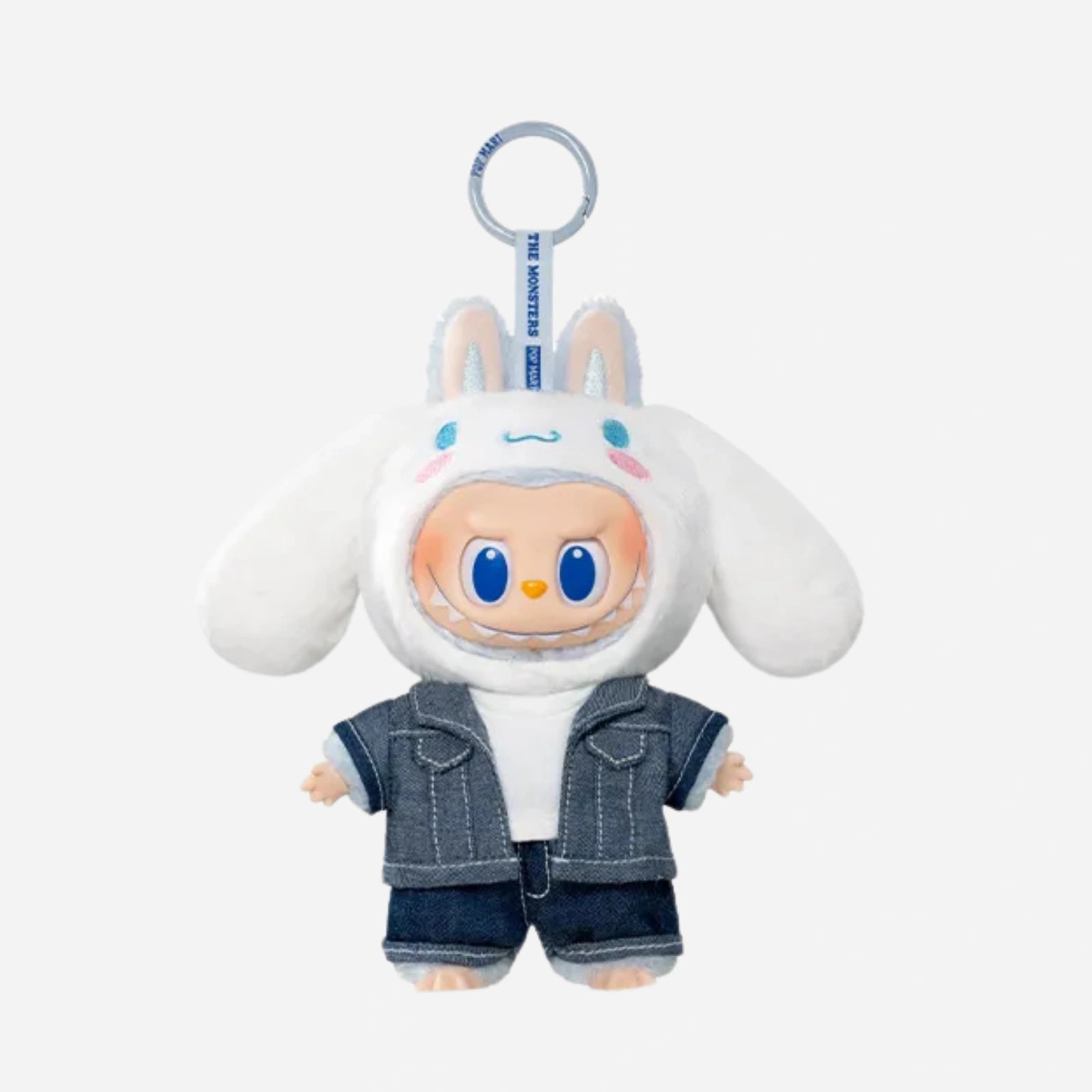 The POP MART LABUBU Hello Kitty and Friends Series Cinnamoroll Plush Pendant Figure features a cute doll with a bunny-eared hat, denim outfit, and keychain loop—perfect for any Sanrio collectibles fan.
