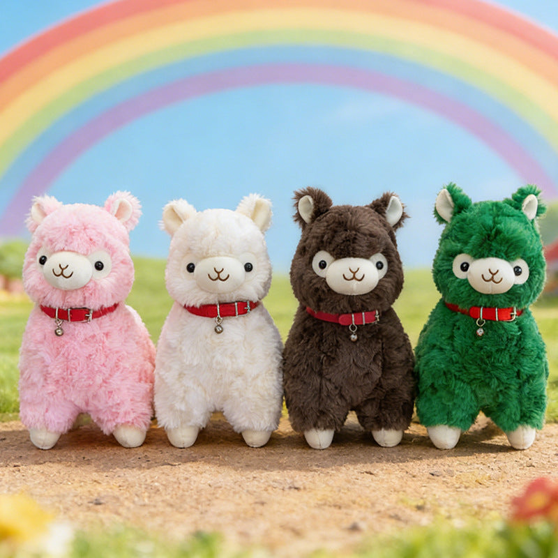 Four ZoDoll Cute Alpaca Plush Toys—pink, white, brown, and green—stand outdoors in a row with a rainbow behind them. These soft stuffed alpaca plush dolls bring vibrant kawaii charm to any setting.