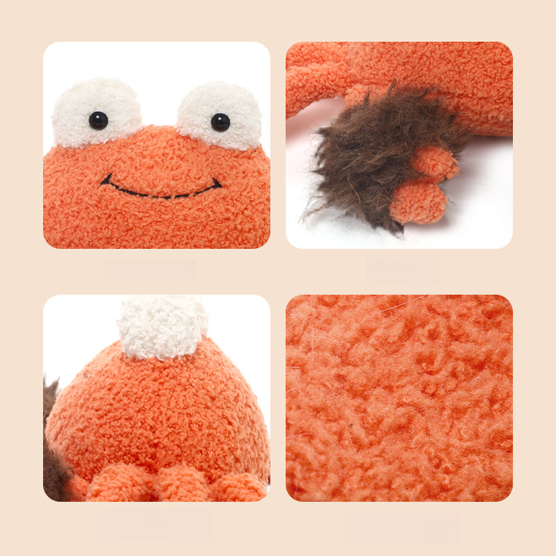 Four close-up photos display details of the JOOKI 23cm Orange Crab Plush Toy—its smiling face, claw, top view, and soft texture—a delightful stuffed sea animal with fluffy claws for any collection.