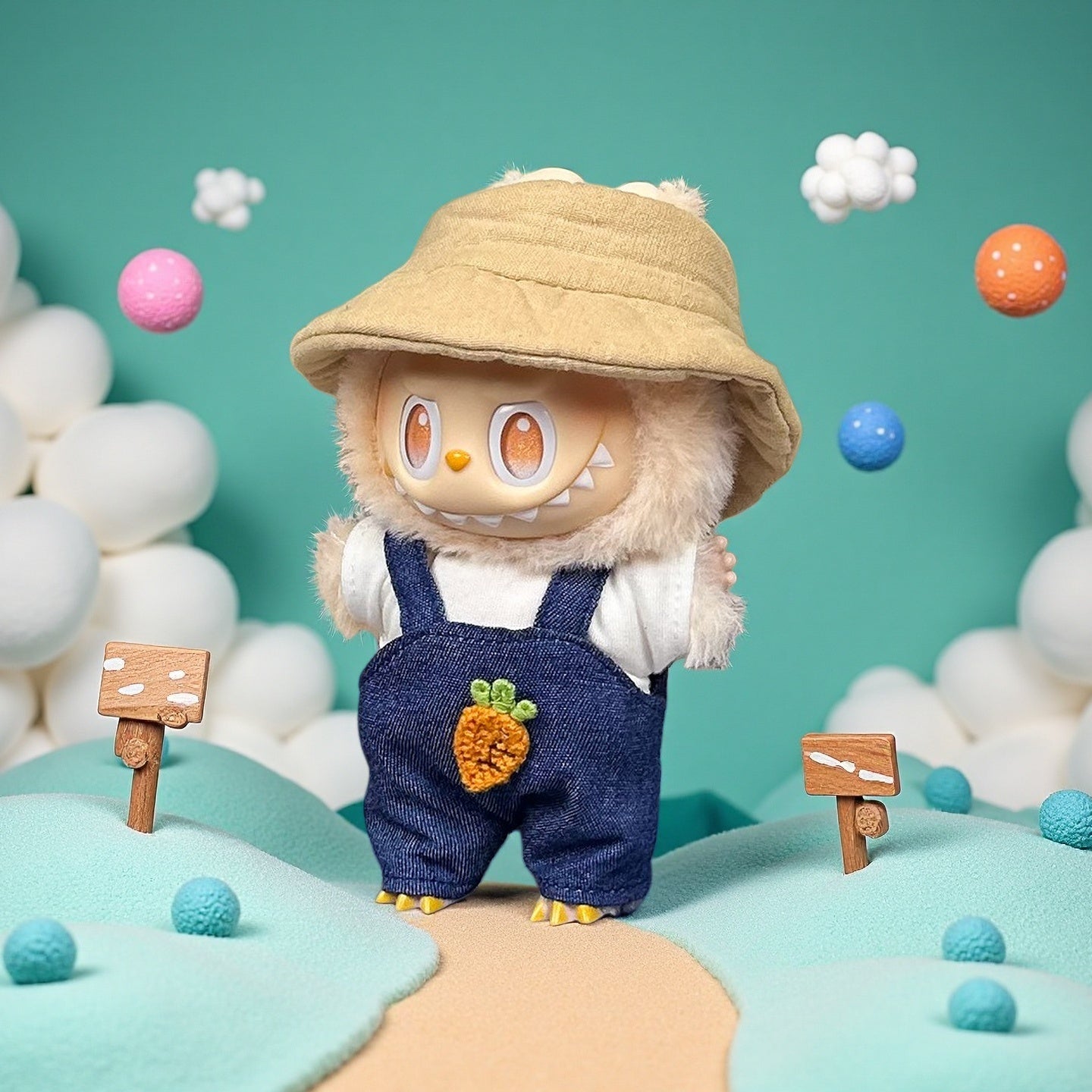 The ZoDoll Labubu Denim Overalls Set features a plush toy with a wide grin, wearing a bucket hat, white shirt, and denim overalls adorned with a crochet carrot patch, displayed on a pastel landscape.