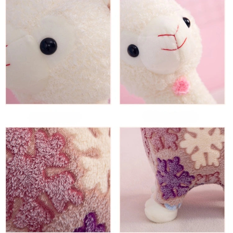 Close-up views of the ZoDoll Flower Alpaca Plush Toy – Soft Stuffed Alpaca Plush Doll, highlighting its detailed face, textured body with flower patterns, and a leg against a pink background.