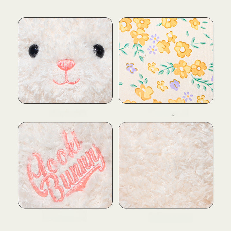 Four square images display: a plush animal face, yellow floral ears, pink “Yooki Bunny” embroidery, and soft white fur—showcasing the JOOKI 38cm White Bunny Plush Toy, an adorable rabbit perfect for Easter gifting.