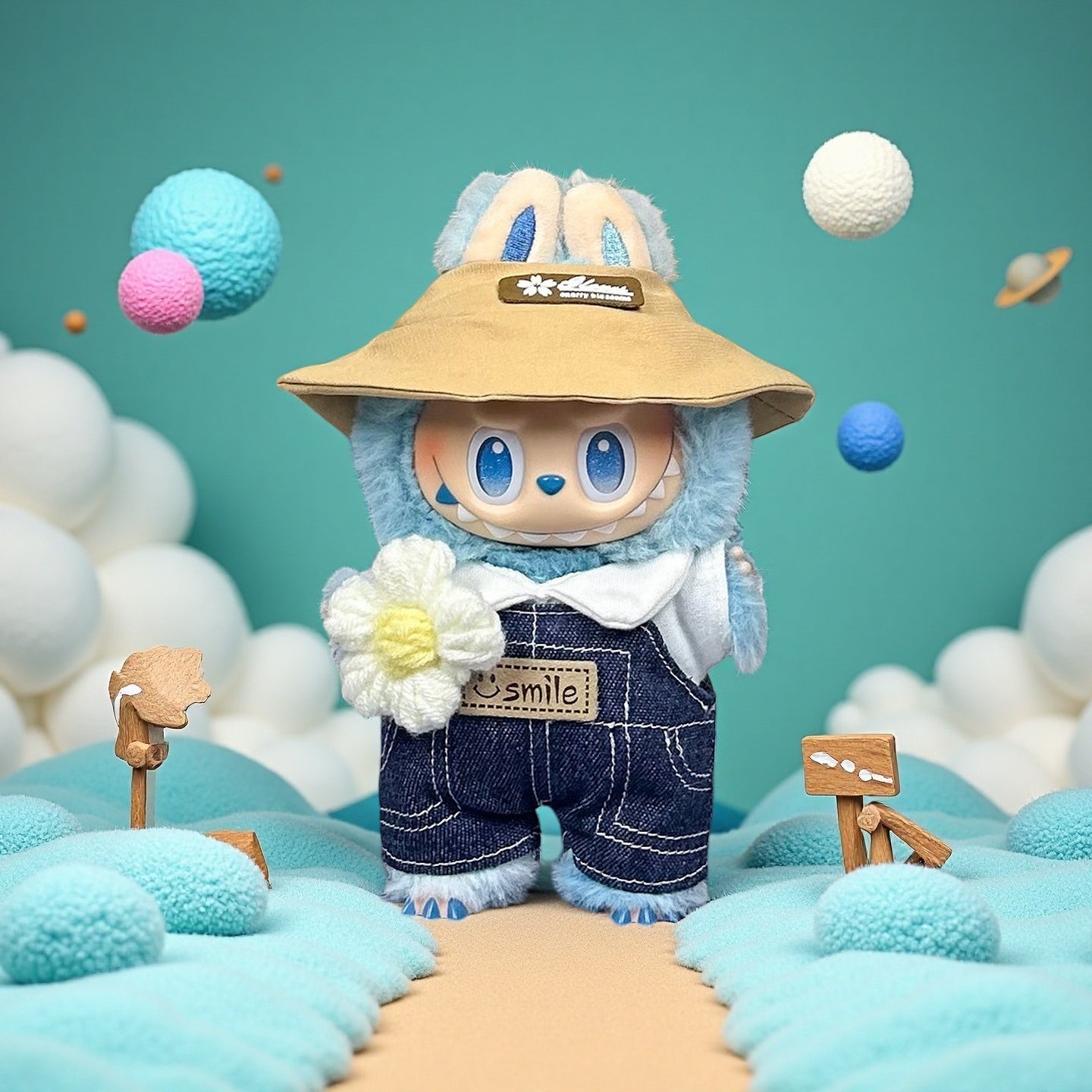 The ZoDoll Labubu Denim Overalls and Wide-Brim Hat Outfit Set with Smile Patch features bunny ears and a tan hat, perfect for plush toys, shown on a pastel path among soft clouds and whimsical signposts beneath planet-filled skies.