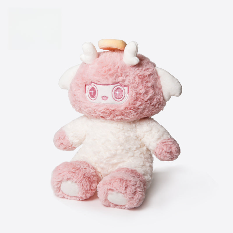 The ZEIO Angel Lamb Plush Toy 30cm, a soft cherubic sheep with a white and pink body, halo, wings, and embroidered eyes, sits upright against a white background.
