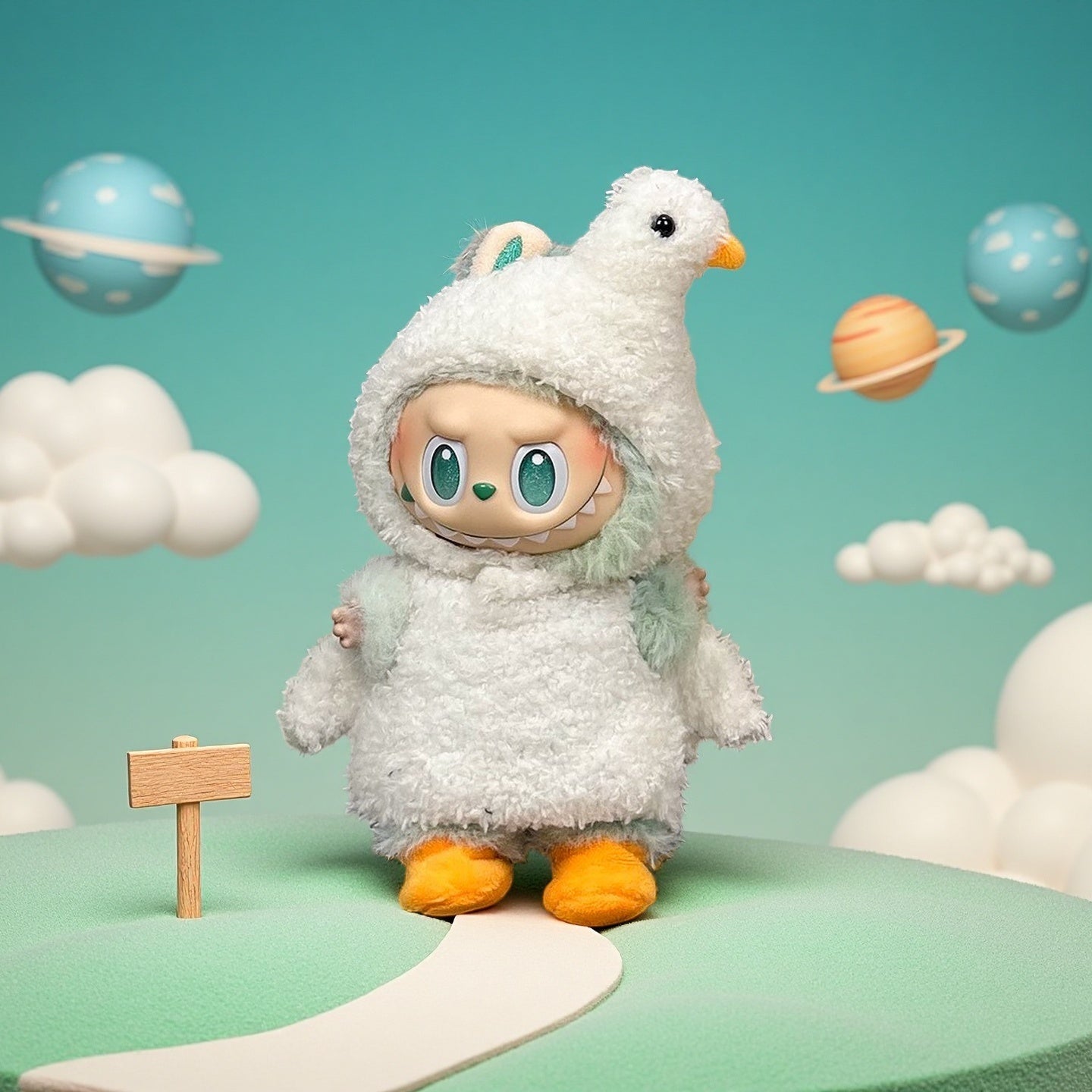 A ZoDoll Labubu White Fluffy Bird Kigurumi Doll Costume Set, crafted from bouclé loop fabric, stands on a pastel landscape with cartoon clouds, planets, and a small sign.