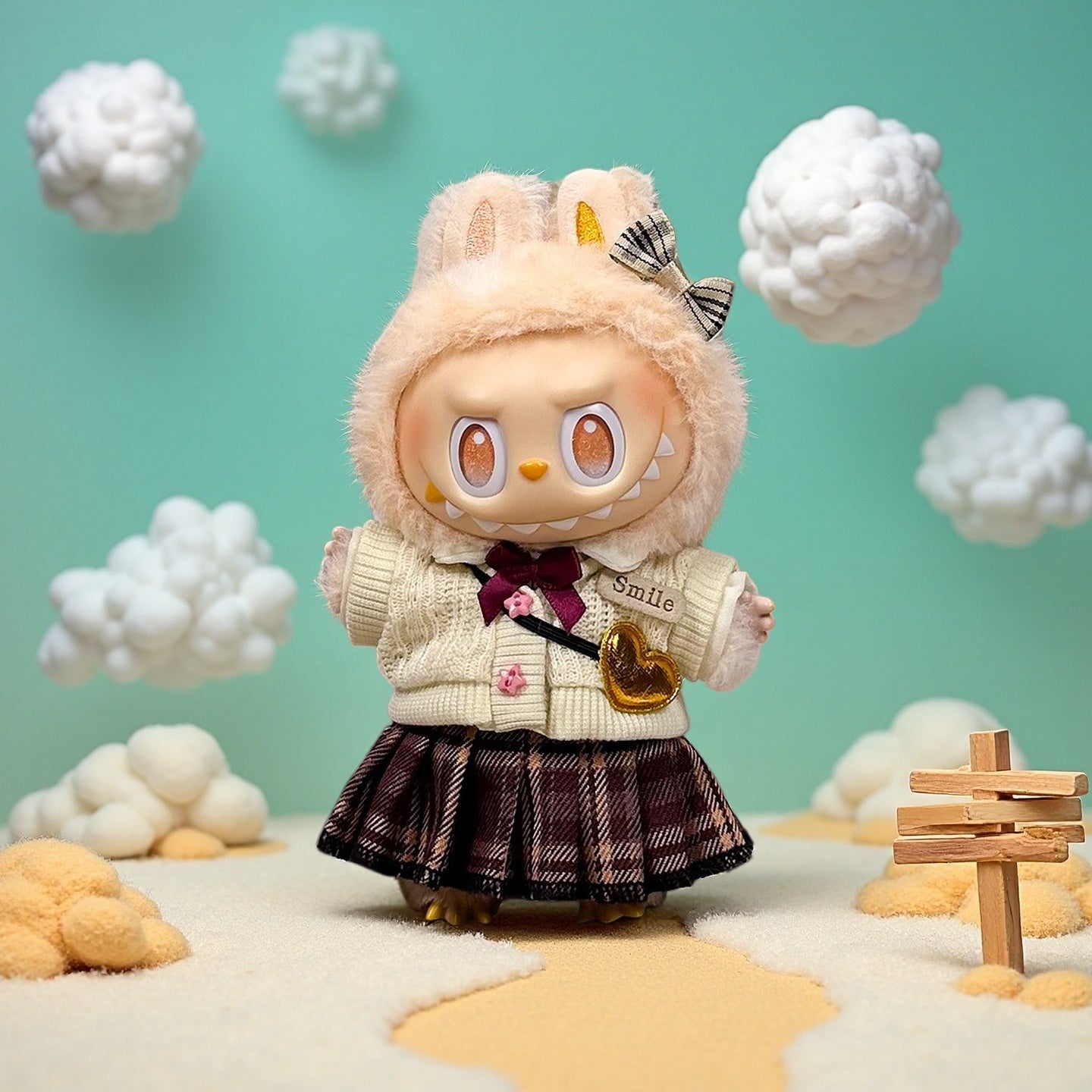 A ZoDoll Labubu Doll wears a JK Uniform Cream Knit Cardigan and Plaid Pleated Skirt Set, standing on a sandy path with fluffy clouds and a small wooden sign against a teal background.
