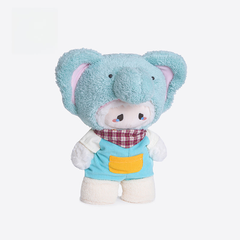 The ZEIO Elephant Plush Toy 29cm is a soft stuffed animal in a blue elephant costume with a red-checkered scarf and yellow pocket, perfect for nursery décor or as an adorable plush collectible.