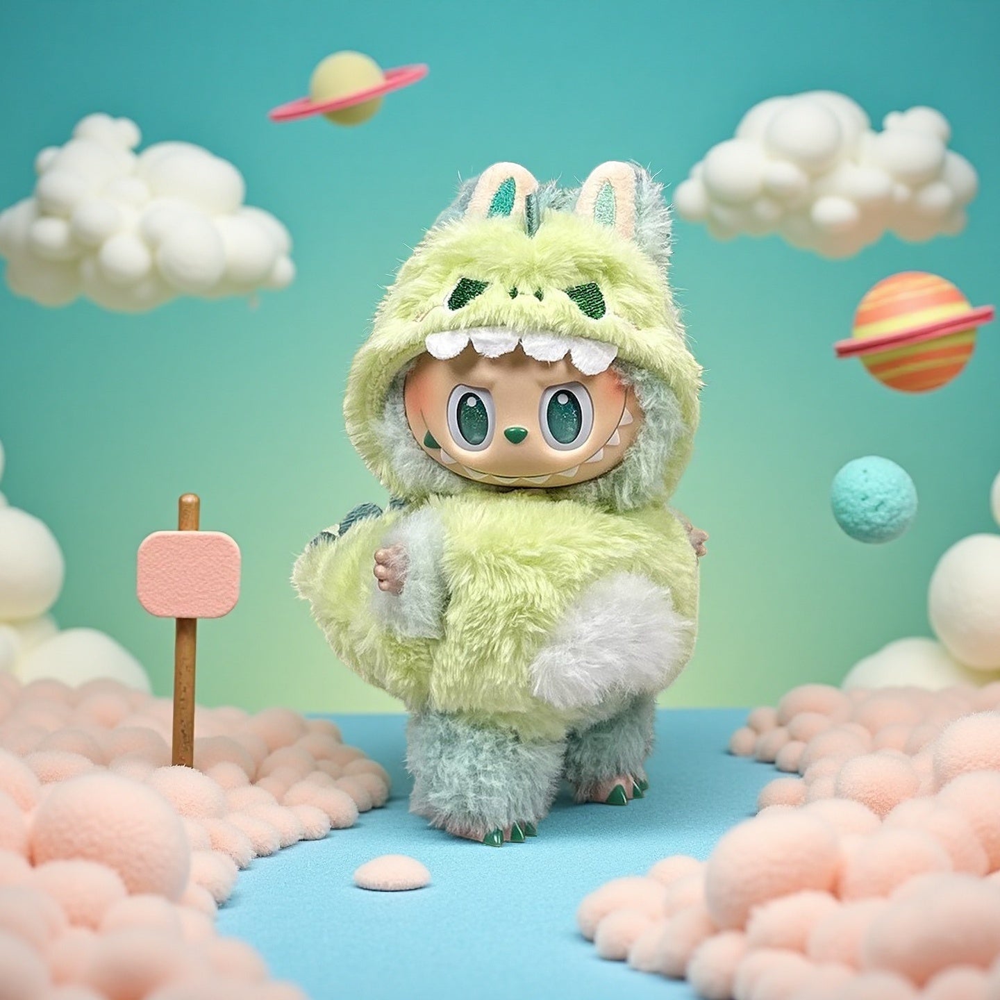 The ZoDoll Labubu Green Monster Bunny Plush Hoodie Doll Costume Outfit features a plush toy in a green monster bunny hoodie, set against a pastel landscape with fluffy clouds and planets under a turquoise sky.
