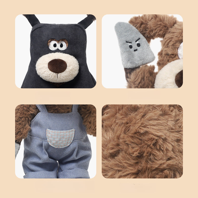 Four close-up shots of the JOOKI 40cm Funny Robber Dog Plush Toy: its masked face in a black hood, gray paw, blue pocket overalls, and soft brown fur. A playful stuffed puppy—great for novelty plush fans.