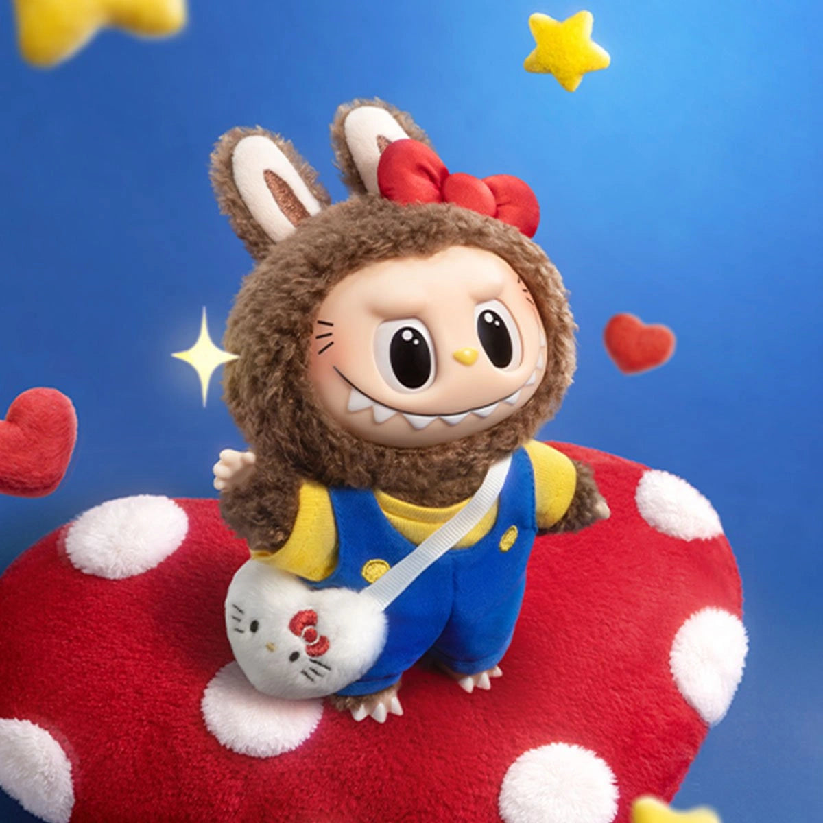The POP MART LABUBU Hello Kitty and Friends Series Secret Edition Plush Pendant Figure features a collectible in a brown bunny suit with red bow, blue overalls, and Hello Kitty purse, standing on a red mushroom with stars and hearts.