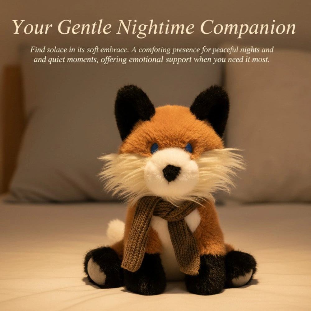 A ZoDoll Fox Plush Toy Soft Red Fox Plush Animal Stuffed Fox Doll with Scarf (30cm) sits on a bed, described as an adorable, comforting companion ideal for peaceful nights, emotional support, and woodland nursery decor.