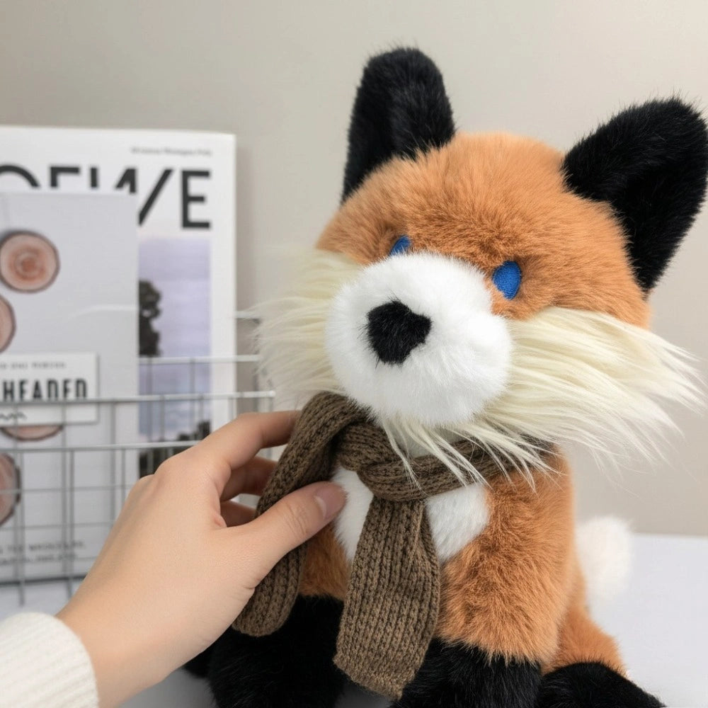 A hand holds the ZoDoll Fox Plush Toy—a soft, 30cm red fox stuffed animal with blue eyes, black ears and paws, and a brown scarf—ideal as woodland nursery decor. Books and a wire basket appear in the background.