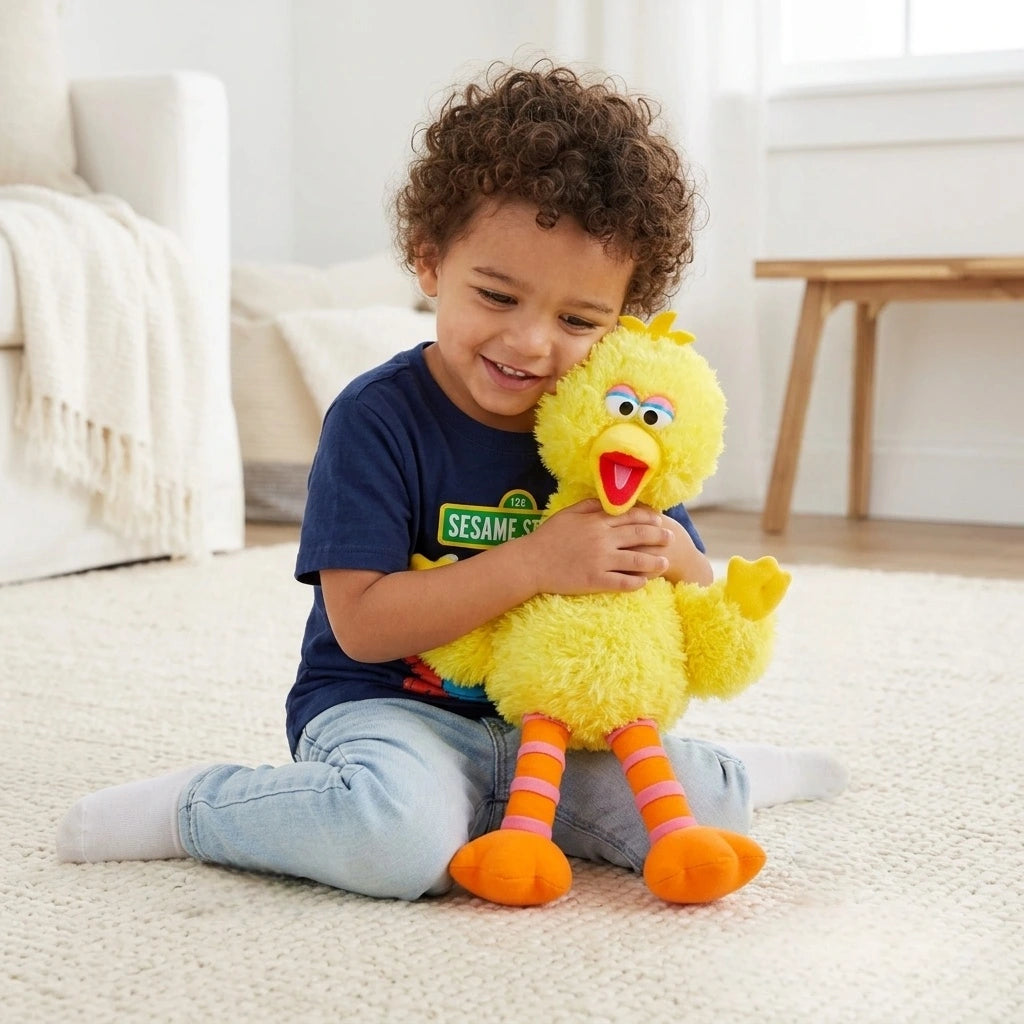 A young child smiles and hugs the ZoDoll Sesame Street Big Bird Plush—a 14 inch stuffed animal perfect for kids and collectors.