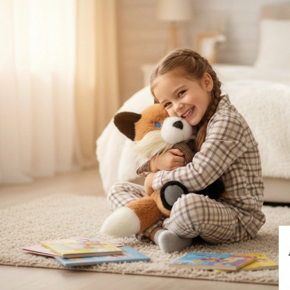 A young girl in plaid pajamas sits on a carpeted floor, hugging the ZoDoll Fox Plush Toy Soft Red Fox Plush Animal Stuffed Fox Doll with Scarf 30cm, surrounded by books in a cozy bedroom.