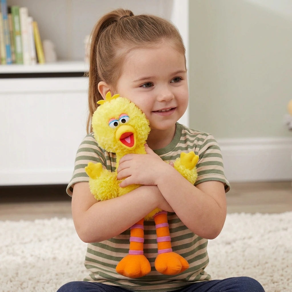 A young girl sits on the floor indoors, smiling slightly as she hugs the ZoDoll Sesame Street Big Bird Plush – a 14 inch Big Bird stuffed animal for kids and collectors.