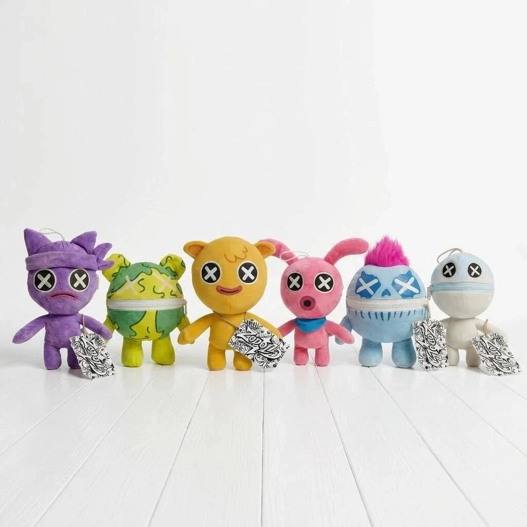 All six ZoDoll Poppy Playtime Chapter 5 Wrongside Outimals Reversible Plush feature a 2-in-1 ball to beast transformation and are lined up with patterned tags, making them perfect collectibles for fans.