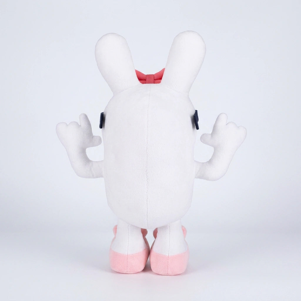 The Steal a Brainrot Boppin Bunny Plush is a premium, soft posable bunny plush with removable sunglasses, long ears, pink bow, pink shoes, and pink arm bands—shown from the back on a white background, perfect for fans or collectors.