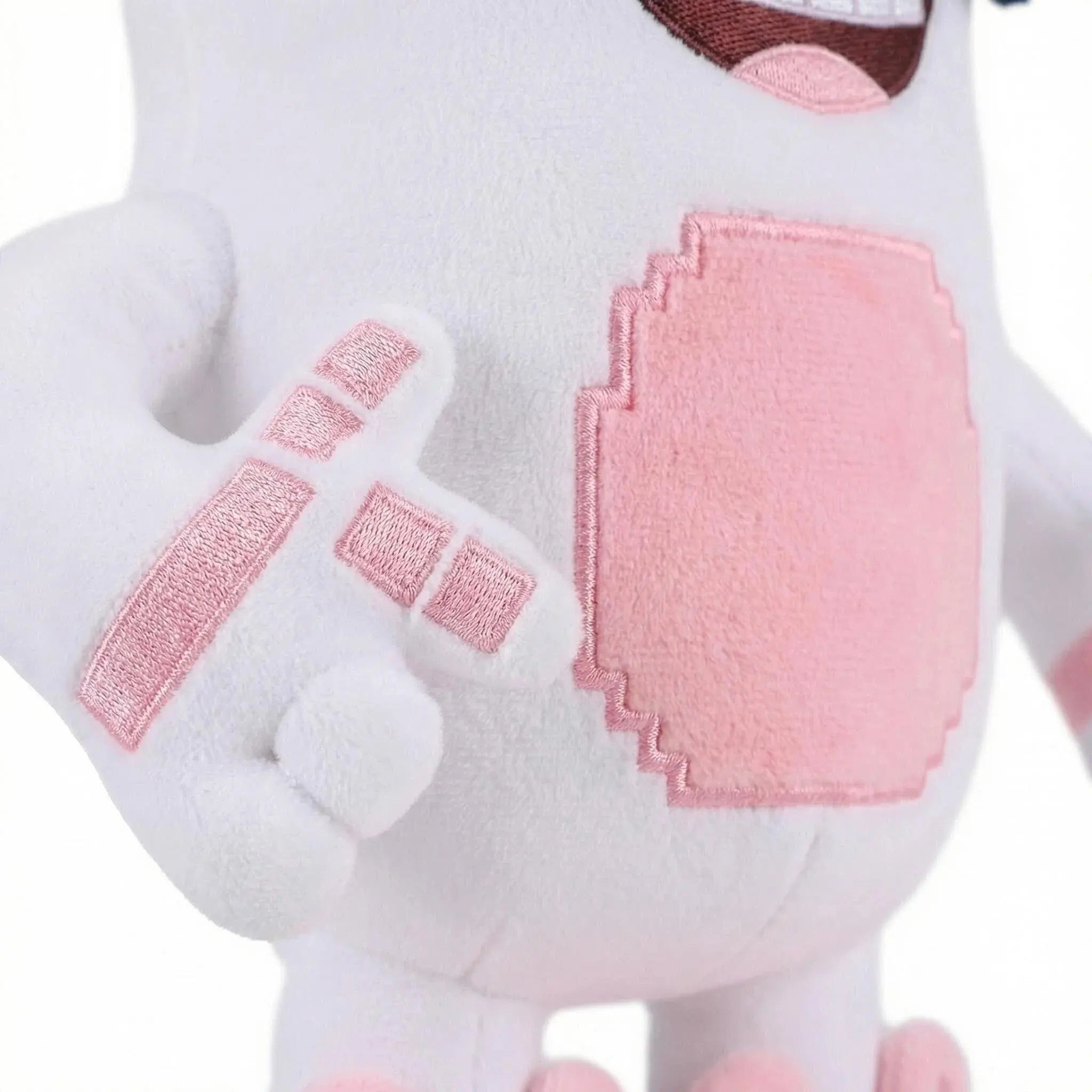 A close-up of the Boppin Bunny Plush by Steal a Brainrot, a premium soft bunny with a white body, light pink belly patch, pink arm design, cartoon-style stitching, and removable sunglasses.