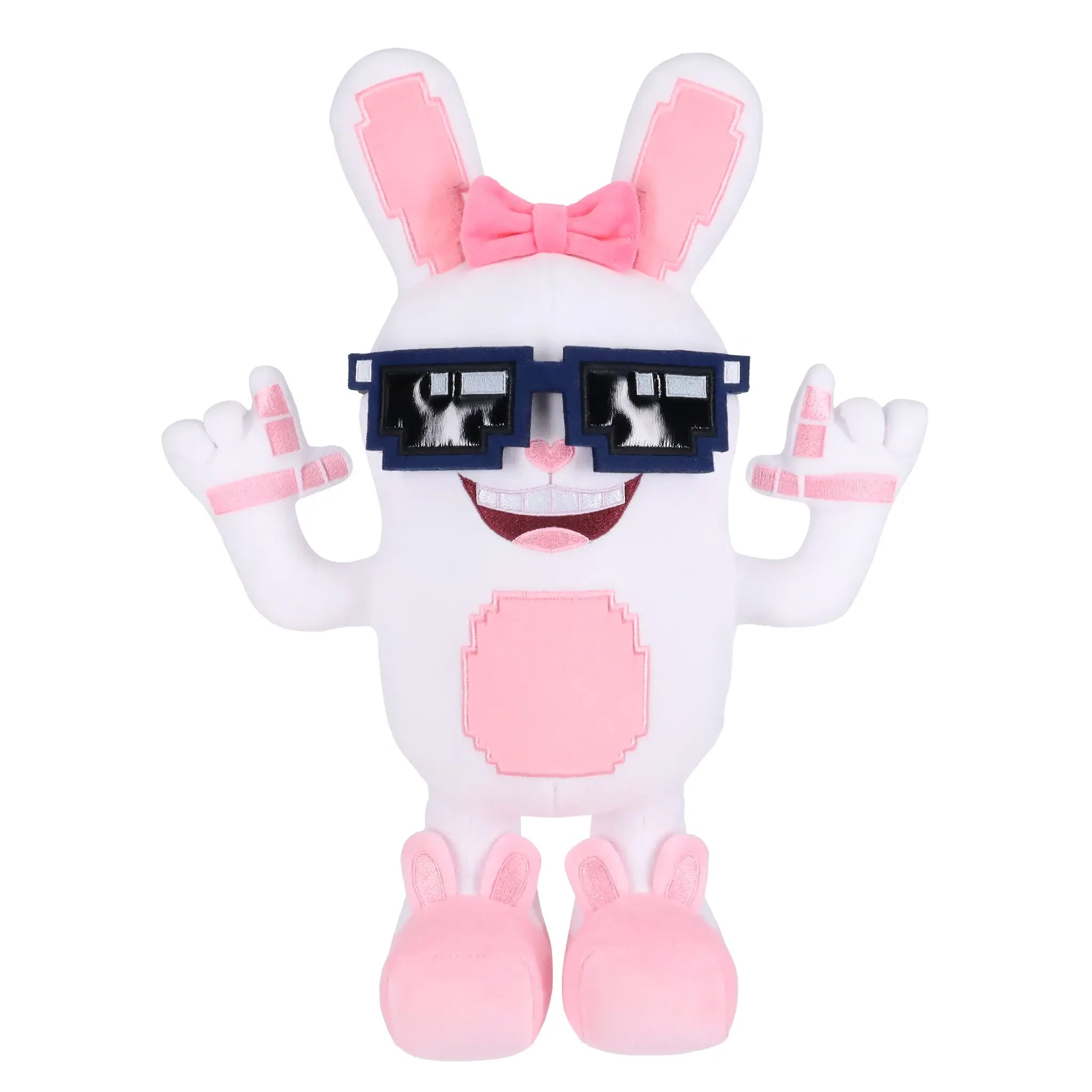 The Boppin Bunny Plush by Steal a Brainrot is a premium soft, posable bunny with a bow, wearing removable blocky sunglasses, smiling with raised arms and pink slippers.