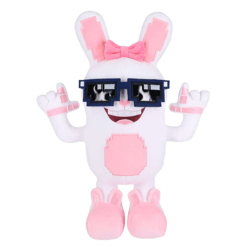 The Boppin Bunny Plush by Steal a Brainrot is a premium soft, posable bunny with a bow, wearing removable blocky sunglasses, smiling with raised arms and pink slippers.