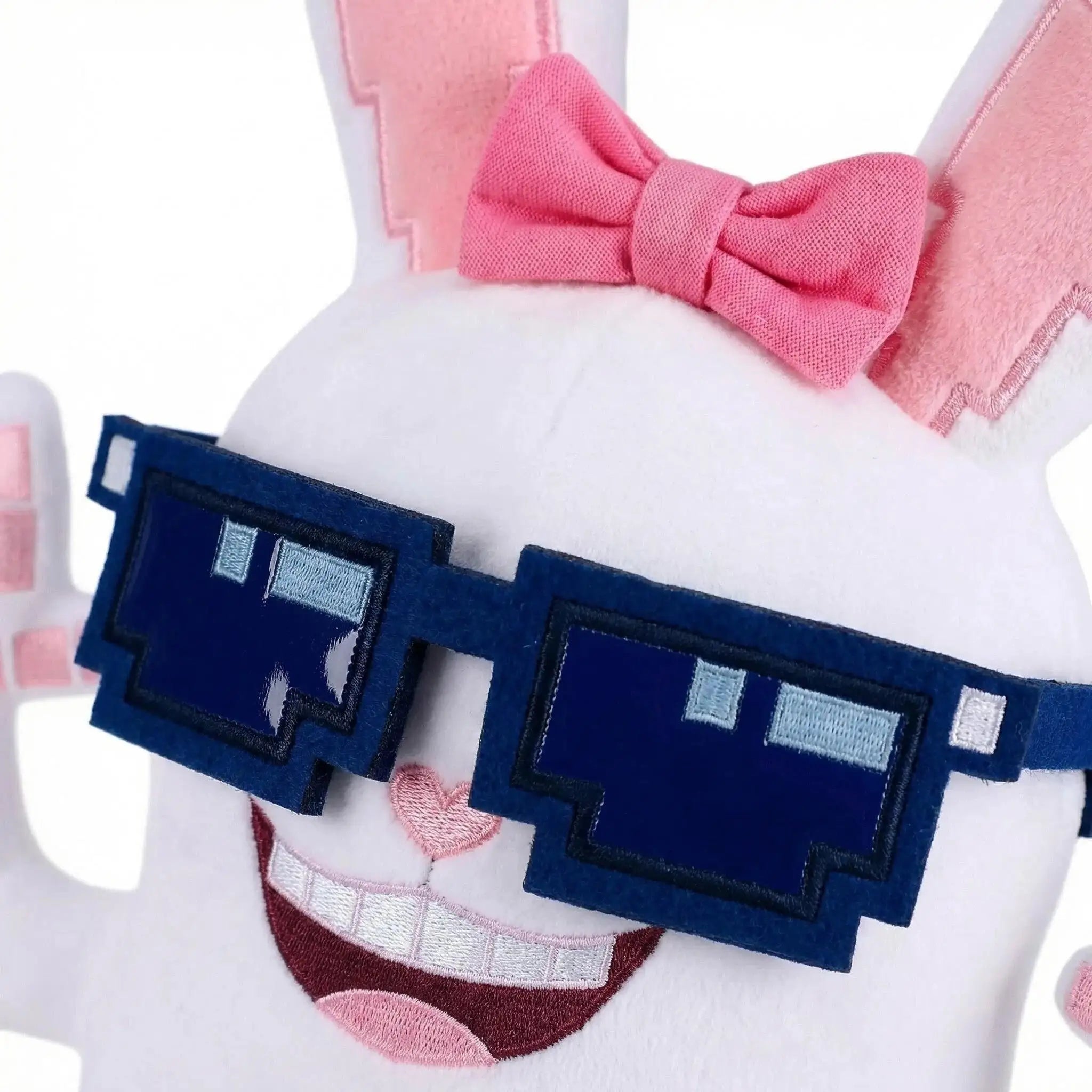 The Boppin Bunny Plush by Steal a Brainrot is a premium, soft posable bunny with a pink bow and removable pixelated sunglasses—an adorable collectible for any fan.