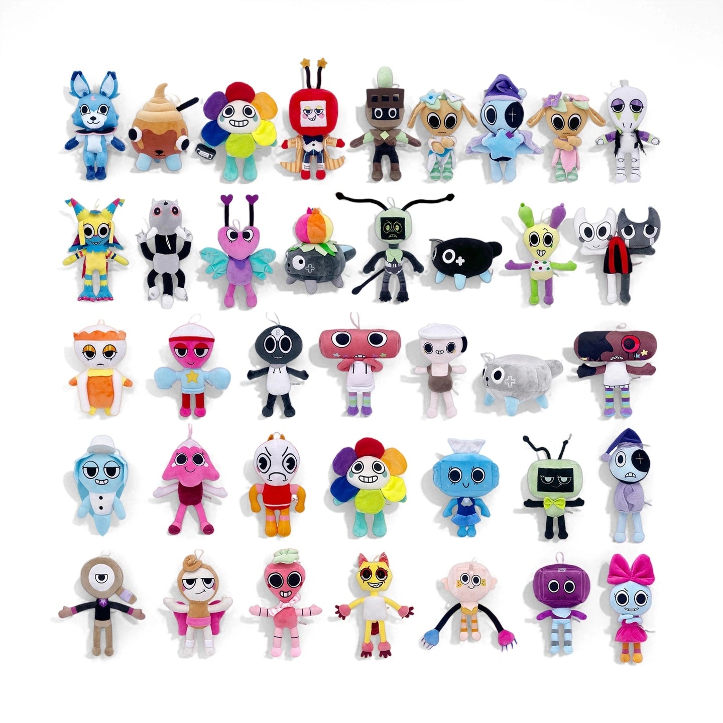 Dandy's World Plush Collection by Dandy's World features 35 unique, colorful cartoon character stuffed toys, arranged in five rows on a white background. Each plush is sold individually and adds charm to any collection.
