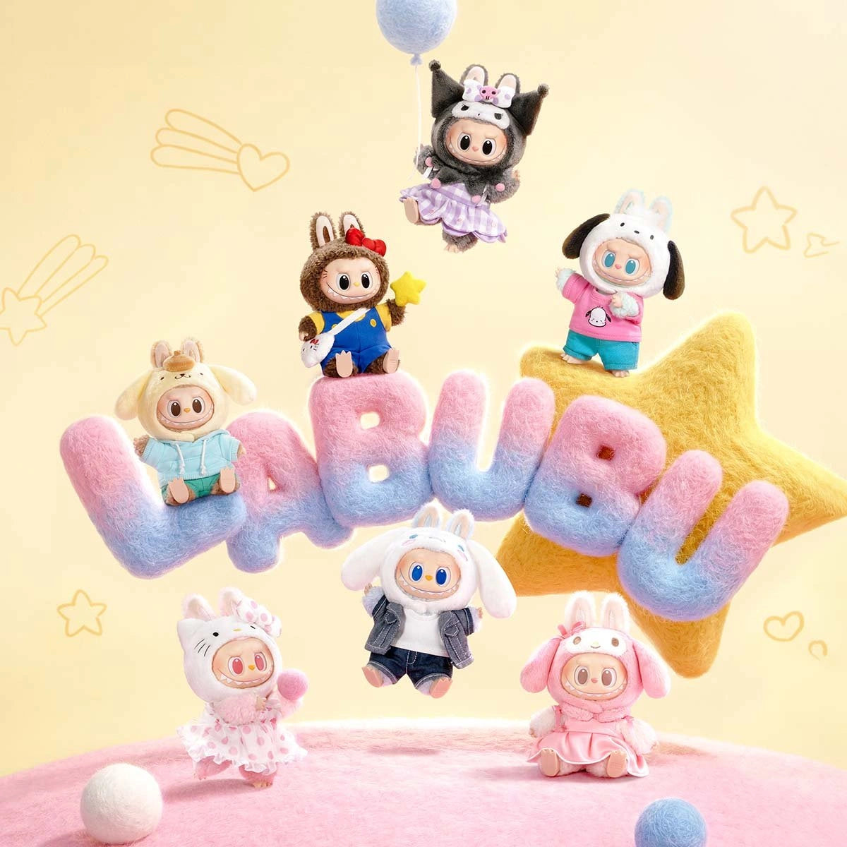 Seven adorable LABUBU Hello Kitty and Friends Series Plush Pendant Figures by POP MART pose on pastel felt letters spelling LABUBU, with cute details and a playful background—perfect for Sanrio and kawaii accessory fans.