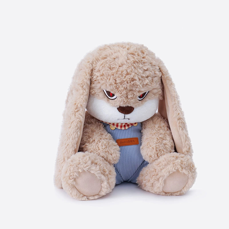 The ZEIO Bunny Plush Toy 33cm features soft beige fur, blue overalls, and expressive eyes—sitting upright against a white background, this adorable rabbit is perfect for nursery decor.