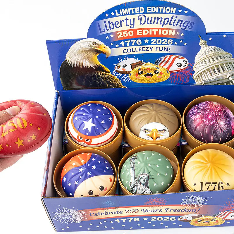 The ZoDoll Liberty Dumplings 250 Edition Squishy Fidget Toy with Steamer, celebrating USA 1776–2026, features six collectible squeeze balls with patriotic designs—perfect for fans and collectors!.