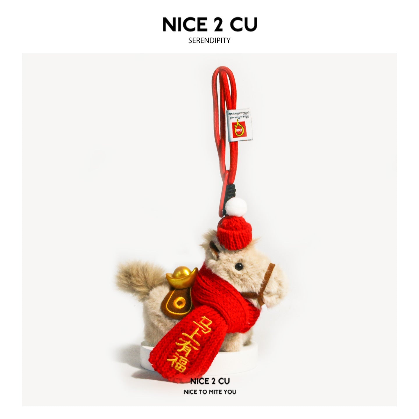 Light brown plush horse charm with red scarf and hook-and-clip cord – blessing variant
