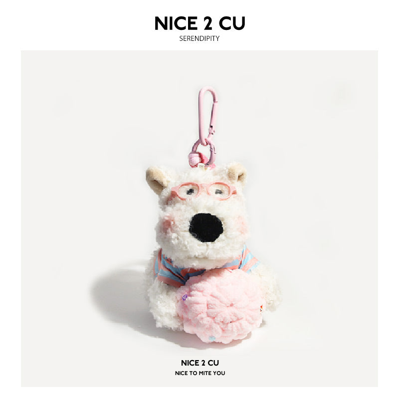 White Westie plush charm with pink glasses and pink-blue striped shirt holding pink ice cream, pink carabiner clip