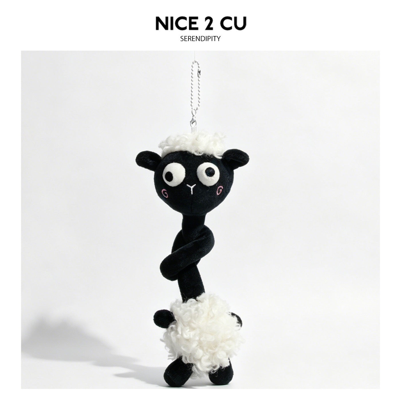 Black and white sheep plush keychain charm with long neck, curly wool accents, and pink cheek details