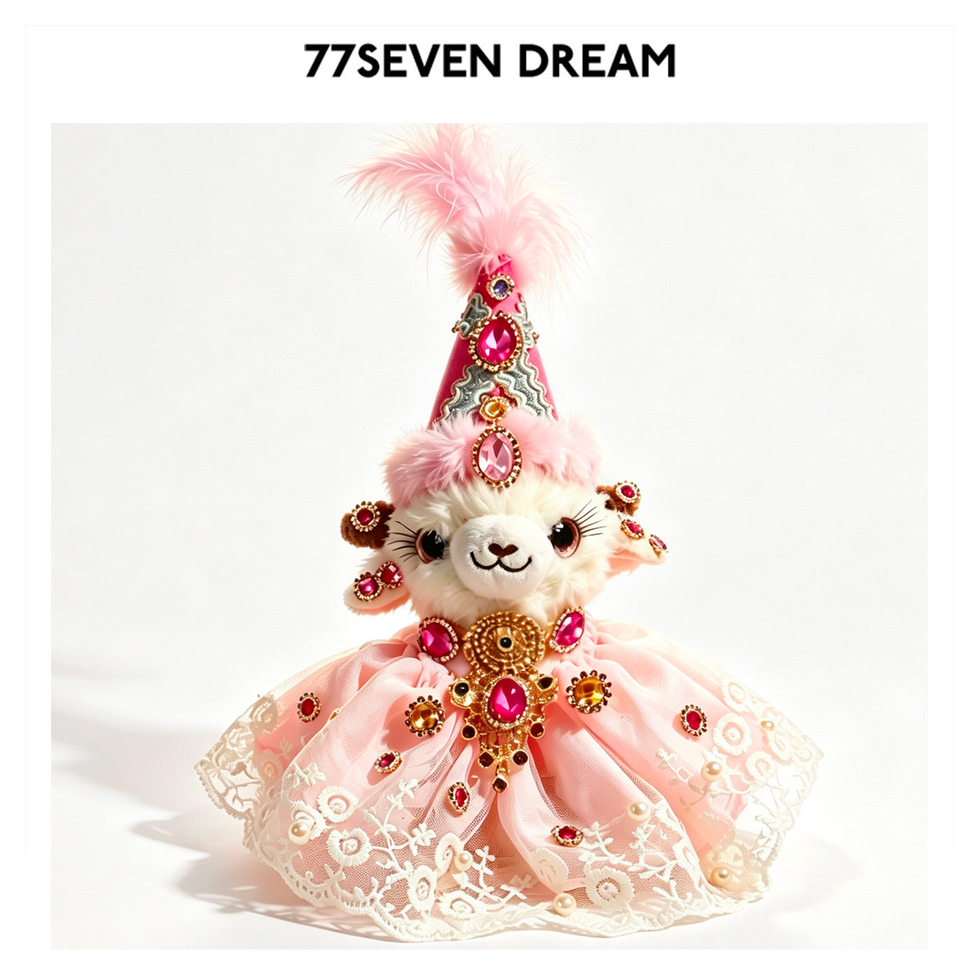 Plush lamb figurine with long painted eyelashes, pink feathered hat, and pink-and-gold jeweled dress
