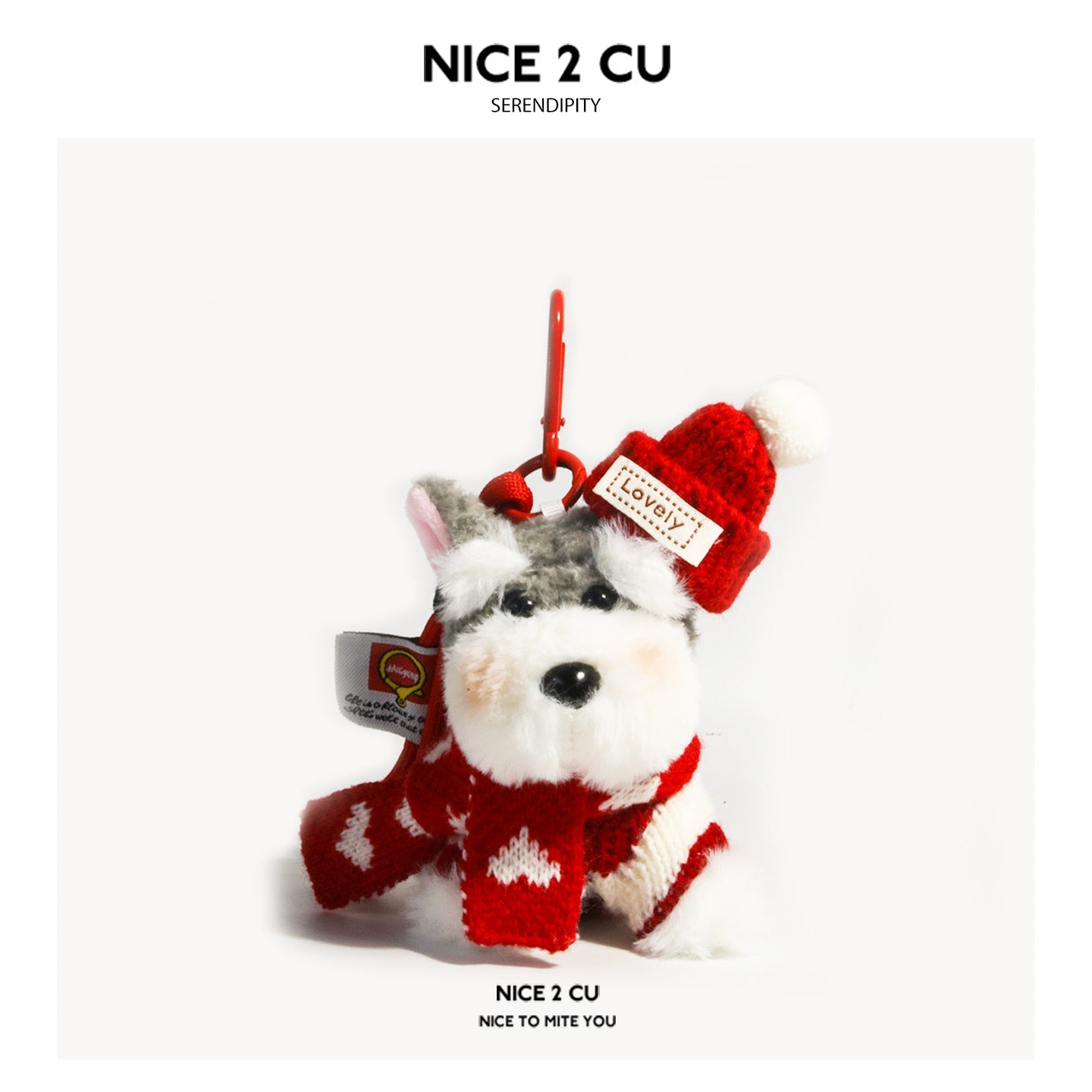 Schnauzer plush keychain charm wearing a solid red Christmas knit hat with white pompom and red scarf