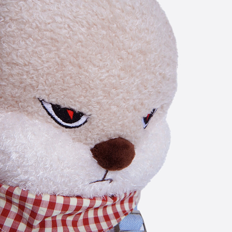 Close-up of the ZEIO Bunny Plush Toy 35cm—a soft rabbit stuffed toy wearing denim overalls, with beige fur and a brown nose. A charming addition to any nursery décor.