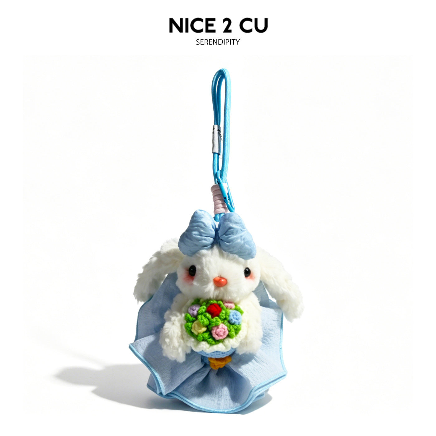 White bunny plush keychain with blue bow, blue braided cord, and pastel crochet bouquet