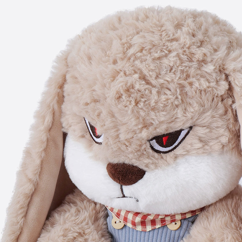The ZEIO Bunny Plush Toy 33cm features expressive eyes, soft faux fur, floppy ears, and a blue overalls outfit—an adorable accent for any nursery decor.